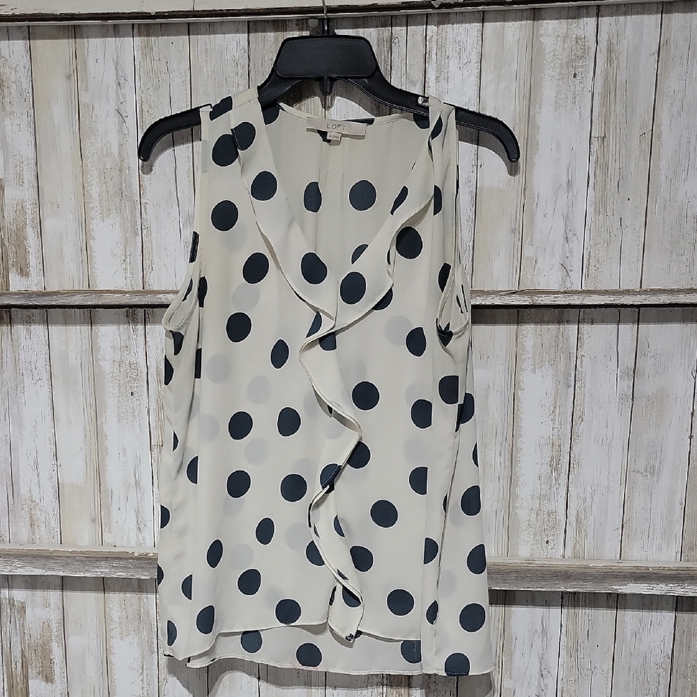 LOFT Cream Polka Dot Ruffle Front Tank Top